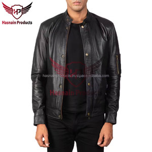 Veste en cuir véritable noir pour homme, fermeture à boutons-pression, poche zippée sur le bras, style Cafe Racer en peau de mouton, vêtement d'extérieur hivernal minimaliste personnalisé - Product Image 4