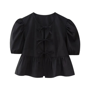 Chemise en coton à manches bouffantes pour femmes-Tops courts élégants à lacets et col en O 2025-Printemps-Été-Chemisier féminin - Product Image 4