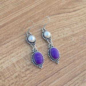 Charoite & <b>Pearl</b> Multi-Stone <b>Earrings</b> 925 <b>Silver</b> Plated Ear Wire Crystal Dangle <b>Earrings</b> Handmade Boho Jewelry Gift for Her - Product Image 2