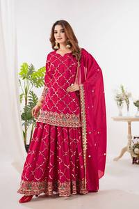 Nuevo Diseño Moderno de Salwar Kameez de Seda Chinon con Relieve, Top Sharara Plazzo Dupatta de Secado Rápido para Todas las Temporadas, Ideal para Fiestas y Bodas - Product Image 4