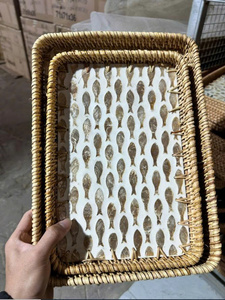 Plateau de service en bambou écologique fait à la main, tissé en rotin avec incrustation de nacre, vente en gros - Product Image 3