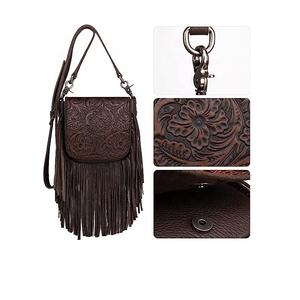 Sac à main de luxe pour filles en cuir de vache occidental de qualité supérieure, avec un design floral solitaire, prêt à l'emploi, style vintage avec pompon - Product Image 3