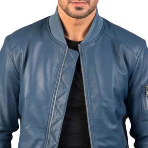 Chaqueta de Cuero Azul Personalizable de Alta Calidad para Invierno, Chaqueta Elegante con Cuello Alto de Lona, Servicios Profesionales OEM para Hombre - Product Image 2