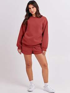 Wholesale Rib Cuffed Sweatshirt Hoodies Shorts Set Custom Tracksuits Women Fashion Round Neck Long Sleeve Solid Color Casual Top - Product Image 4