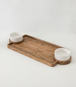 Mango Wood <b>Chip</b> and Dip <b>Tray</b> with Ceramic Bowl Decorative Round Wooden Serving Platter for Snacks and Dip - Product Image 6