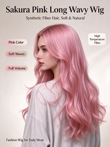 Sakura Pink Long Wavy Synthetic <b>Wig</b> Heat Resistant Full Volume Body Wave Hairpiece for Daily Wear Cosplay - Product Image 2