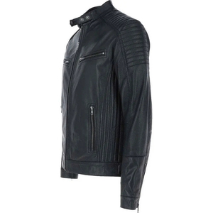 <b>Men's</b> Black PU Leather Moto <b>Jacket</b> Stand Collar Zipper Closure Slim Fit Regular Sleeve Windproof Motorcycle Outwear - Product Image 2