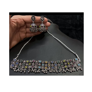 Antiguo trabajo de espejo oxidado joyería hecha a mano de plata alemana collar redondo oxidado juegos de pendientes largos con colgante - Product Image 6