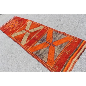 Tapis turc vintage 2,9x9,4 pi (89x286 cm), tapis Herki rouge orange à motifs floraux - Product Image 4