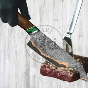 Couteau utilitaire de chef en acier Damas cuivré fait main, lame pleine, bord droit, manche en bois de noyer, gaine en cuir à bouton-poussoir, haute qualité - Product Image 5