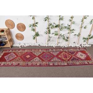 Alfombra Kilim turca Vintage 3 'X 11,2 'yute tejido plano rojo púrpura con patrón de retazos respaldo de látex diseño de pasillo Rectangular - Product Image 2