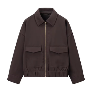 แจ็กเก็ตบอมเบอร์พิมพ์ลายสีน้ำตาลมีซิประบายอากาศได้สำหรับผู้หญิงเสื้อนอกแขนยาวลำลองเทรนด์2025ฤดูหนาว - Product Image 1