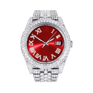 Reloj Plateado para Hombre con Incrustaciones de Diamantes, Acero Inoxidable, Esfera Roja con Números Romanos, Estilo Moderno y Brillante - Product Image 4
