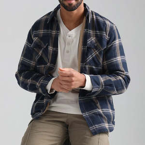 <b>Men's</b> Plaid Flannel Shirt <b>Jacket</b> Custom Stand Collar Warm Long Sleeve Quilted <b>Lined</b> Front Logo Design Rain Weather Winter <b>Jacket</b> - Product Image 3