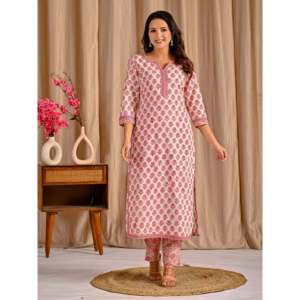 ชุดคุर्ตาผ้าฝ้ายพิมพ์ลายบัตต้าสีขาวชมพูแบบลำลอง แขนสามส่วน สำหรับฤดูใบไม้ผลิ/ฤดูร้อน - Product Image 3