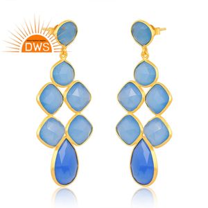 Último diseño de plata esterlina 18K chapado en oro Natural azul Calcedonia piedra preciosa colgante pendiente Demi joyería fina fabricante - Product Image 2