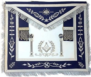 Tablier en tissu personnalisé de luxe bleu marine avec broderie maçonnique carrée et colonnes, franges argentées - Product Image 1