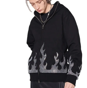 Nouvel arrivage : Sweat à capuche zippé intégral pour homme en molleton bouclette 100 % coton, grande taille, avec strass noirs unis - Product Image 4