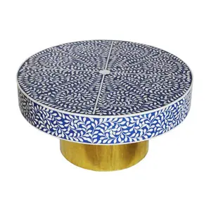 Bone Inlay Blue Resin Coffee Chest Table With Metal Base Powder Coating Finishing Round Shape Leaves Design For Living Room