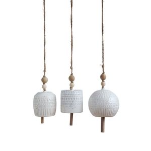 Patterned White Ceramic <b>Bell</b> Trio With Wooden Beads For Boho Home Decor And Artistic Textured Accent Display Charm - Product Image 1