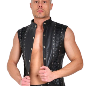 Havoc Lace-Up <b>Leather</b> Sleeveless Top <b>Mens</b> Black Faux <b>Leather</b> Fetish <b>Harness</b> Style Clubwear Vest - Product Image 1