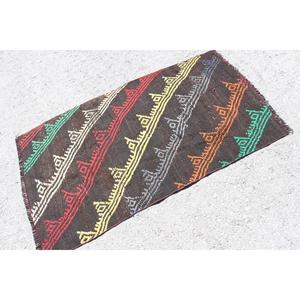 Vintage Small Rug 2.6x4.8 ft, Turkish Kilim <b>Brown</b> Abstract <b>Wool</b> Rug - Product Image 2