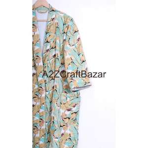 Robe Kimono Vintage 100% Coton à Imprimé Floral, Fermeture à Cordon, Manches Longues, Longueur Short - Mariage Indien, Demoiselle d'Honneur - Product Image 4