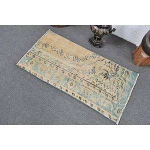 Alfombra de lana turca Vintage de 1,9x3,5 pies, tejido plano de retazos beige y azul para decoración de sala de estar con respaldo de látex - Product Image 4