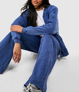 Ensemble de survêtement pour femme en coton 100% écologique, lourd, avec fermeture éclair, style streetwear d'hiver, lavage à l'acide, broderie délavée, patch - Product Image 6