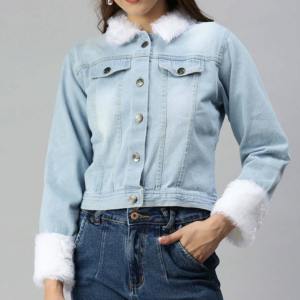Veste bomber courte en denim pour femmes en peau de mouton avec doublure en coton Mode d'hiver Service personnalisé OEM - Product Image 4