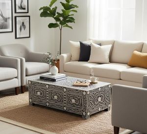 Mesa de Centro Tradicional con Incrustaciones de Hueso y Cajón, Mueble Artesanal de Inspiración Antigua, Decoración para el Hogar - Product Image 1