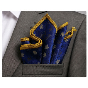 Navy Golden Floral Handmade Knitted <b>Edge</b> Signature Border Handkerchief Dining Pocket <b>Square</b> for Blazers Suit - Product Image 1