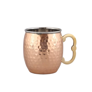 Classic Hammered Round <b>Copper</b> <b>Mug</b> With Stainless Rim and Decorative Golden Handle for Drinkware - Product Image 1