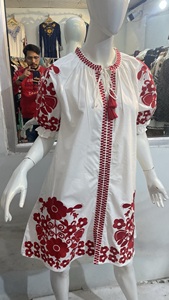 Vestidos Midi blancos informales elegantes para mujer, bordado rojo RMB 100% de algodón, cintura Natural, tejido lavable, longitud Maxi - Product Image 4