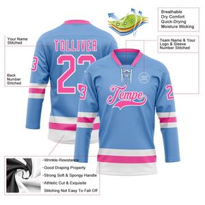 Personalizado Azul Rosa Color Liso Personalizado Nombre del equipo Número Sublimación Poliéster Peso ligero Hockey sobre hielo Jersey Conjuntos - Product Image 1