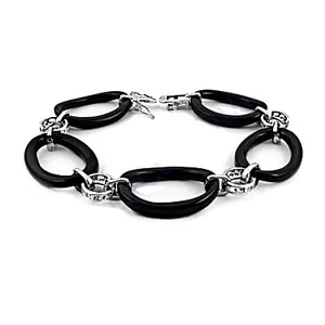 Pulsera de Eslabones Ovalados Plateados y Negros para Mujer, Joyería de Cadena Geométrica, Estilo Clásico, Accesorio de Moda para Fiesta - Product Image 2