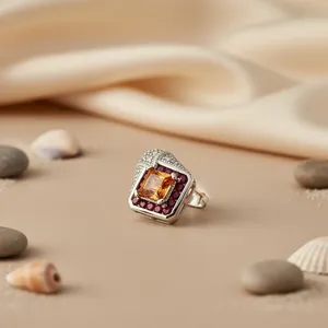แหวนเงินวินเทจทันสมัยประดับพลอยสีส้มและฝังทับทิม - Product Image 1