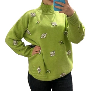 Pull en laine/acrylique pour femme, style coréen, coupe ample, tissu tricoté durable, manches longues, col écharpe, ornements - Product Image 1