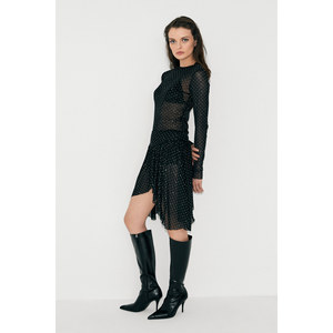 Women's Elegant Black Tulle Blouse with Stone Embellishments Long Sleeves Round Neck Sheer Party <b>Top</b> - Product Image 4