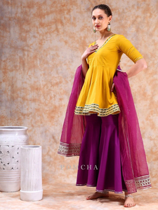 DIL KASH Yellow Purple Casual Cotton <b>Dress</b> Set Half Sleeve Fit And Flare Sharara <b>Dress</b> For Women - Product Image 3