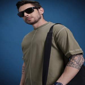 T-shirt vert olive pour homme Points inversés Col rond Manches courtes à épaules tombantes Coupe décontractée Tissu tricoté en pur coton - Product Image 2