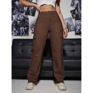 Jeans de Mezclilla Cargo para Mujer, Cintura Alta, Color Marrón, Elásticos, Multibolsillos, Estilo Urbano, Modernos, Duraderos, Ecológicos - Product Image 4