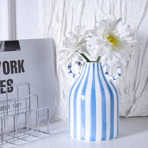Vaso in <span class=keywords><strong>Ceramica</strong></span> Nordico Dipinto a Mano con Doppio Manico e Strisce, <span class=keywords><strong>Centrotavola</strong></span> per Casa, Ufficio, Matrimonio, Regalo <span class=keywords><strong>di</strong></span> Compleanno Unico per Donne - Product Image 4