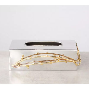 Cubierta de caja de pañuelos chapada en plata de diseño moderno hecho a mano con diseño de hojas decorativas caja de pañuelos de Mesa para el hogar o el hotel en venta - Product Image 5
