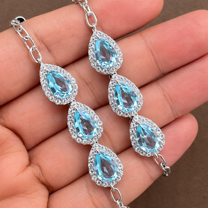 Trendy Blue Topaz Pear-Shaped Chain Bracelet Rhodium Plated 925 Sterling Silver for Wedding Party <b>Gift</b> Occasions - Product Image 1