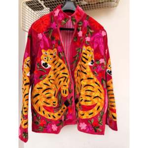 Velvet Embroidered Leather <b>Jacket</b>-Reversible Tiger Pattern Short Boho Chic Bomber Coat Cotton for Autumn/Winter Rose Vintage - Product Image 1