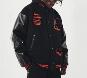 Veste d'université en laine de football américain, col montant, oversize, noir avec manches en cuir - Product Image 3