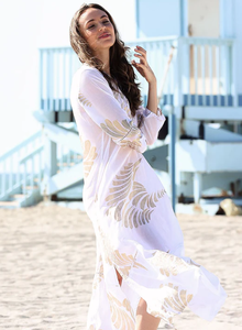 Robes longues décontractées pour femmes à imprimé doré, col en V, manches trois quarts, longueur cheville - Product Image 6