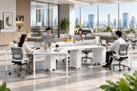 Bureau de coworking pour 6 personnes, configuration groupée avec cloisons en tissu et prises de bureau intégrées pour un espace de travail flexible