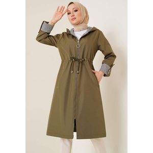 Khaki Trench Coat with Hood Cotton-Filled Knitted Fabric Winter and Autumn Simple Style Print Lace Button Decorations - Product Image 3